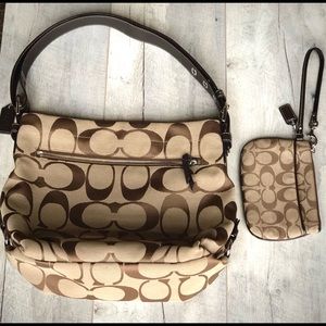Tan/Brown COACH purse and matching wallet.